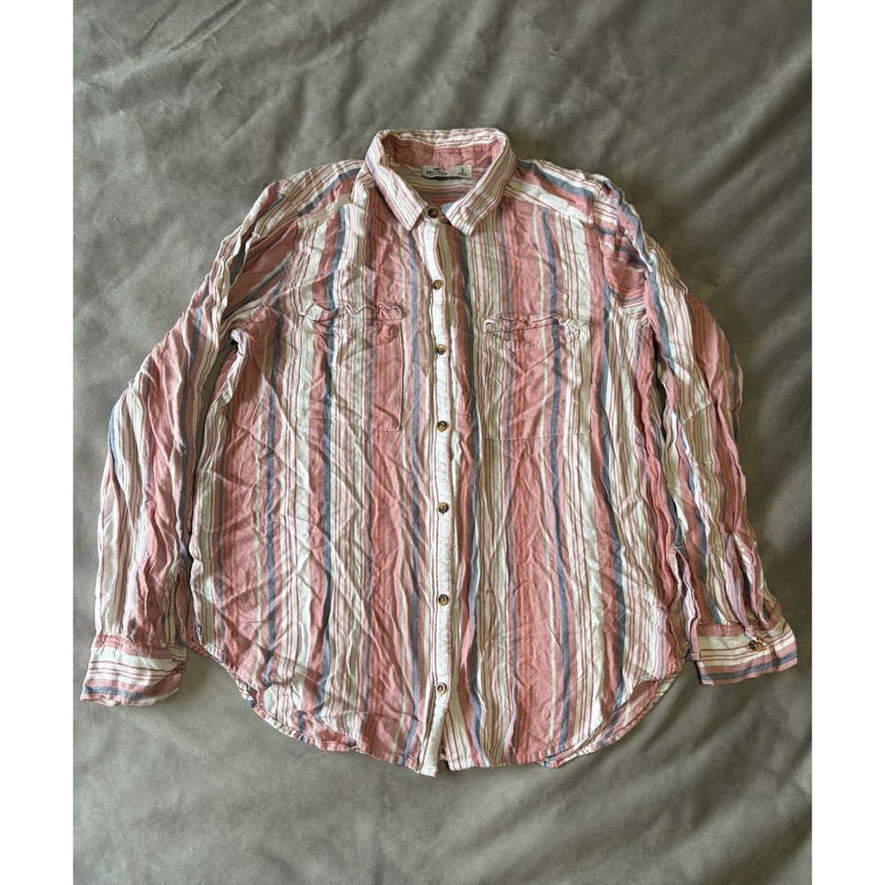 Hollister Womens Small Pink Blue Striped Button Down Long Sleeve Shirt L3